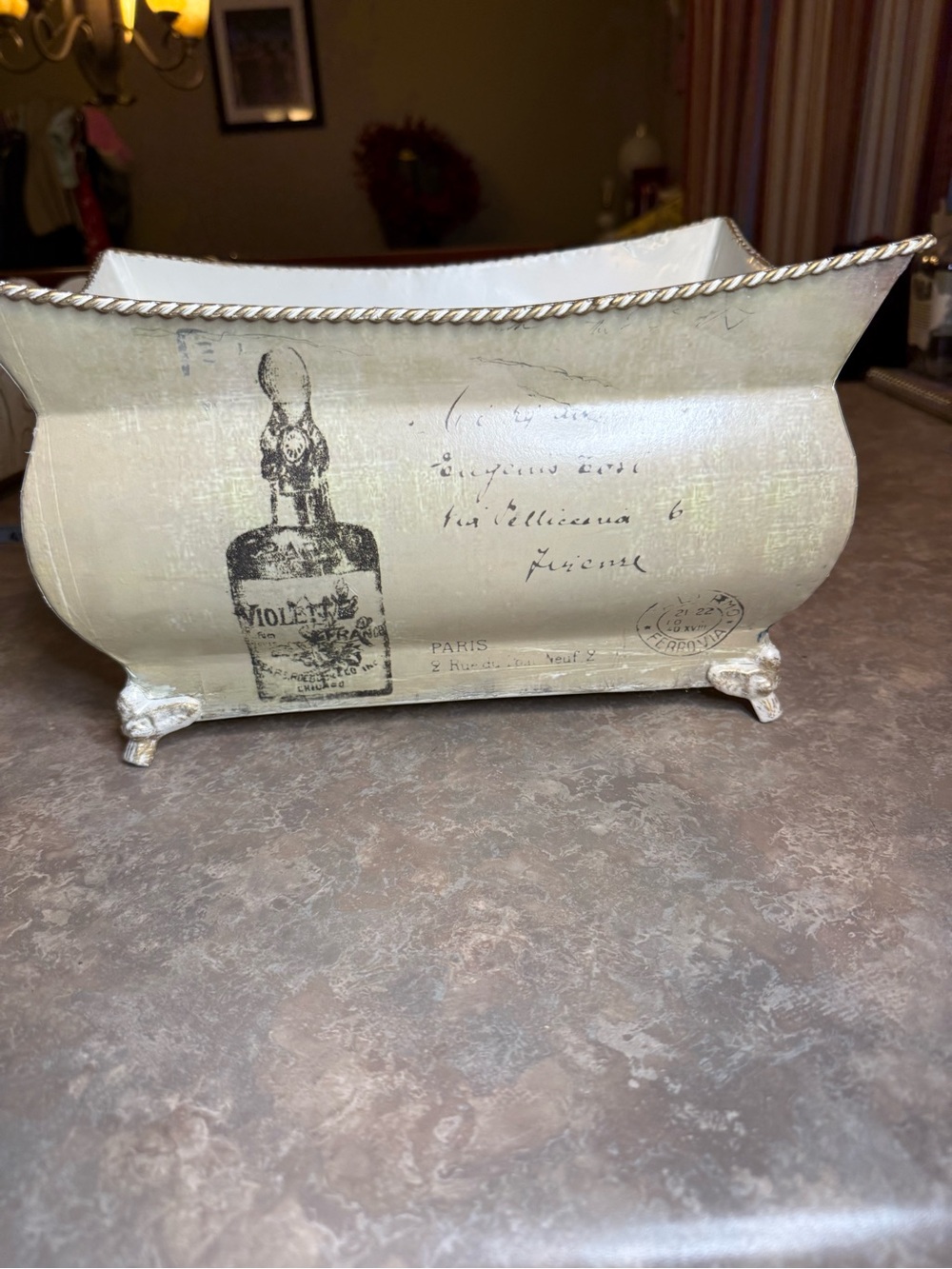 Vintage Metal White Rectangular Cachepot Planter Container French Perfume Print